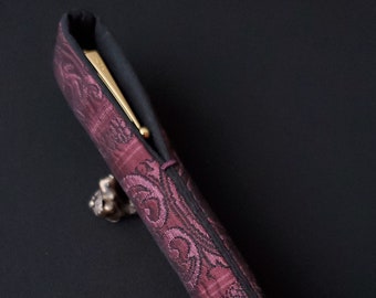 Made to Order, Purple Arabesque Silk Kimono Obi, Black Silk Lining, Handmade, Pen Pouch, Pen Sleeve,