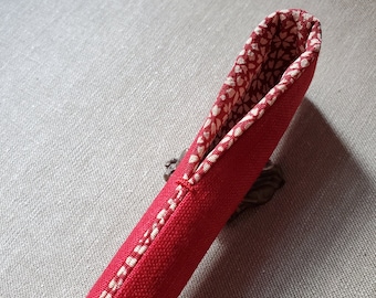 Made to Order, Red Linen, Sakura Pattern Red Silk Kimono lining, Pen Sleeve, Handmade, Fountain Pen Case, Pen Pouch