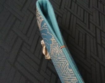 Made to Order, Deep Teal and Bronze Saga-Kiri Donsu Silk from Kyoto, Pale Teal Cotton Lining, Handmade Pen Sleeve, Pen Kimono, Pen Pouch