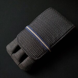 May include: A dark grey wallet with a textured pattern and a blue and white striped accent. The wallet has a folded design with a visible seam and a dark background.