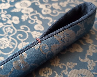 Handmade Silk Pen Sleeve: Teal Lucky Charm Gourd Donsu, Deep Peacock Blue Silk Lining