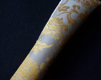 Made to Order, Gold and Gray Peonies Arabesque Pattern, Silk warp Paper weft textile, White Silk Lining, Handmade Pen Sleeve, Pen Pouch