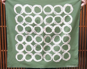 Furoshiki, wrapping cloth, hand printed, olive green, discharge print, Japanese traditional bag, circle