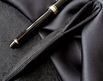 Made to Order, Black Blue shade, Phoenix Bamboo and Leaf Pattern Silk Kinran, Dark Navy Silk Satin Lining, Handmade Pen Sleeve, Pen Pouch