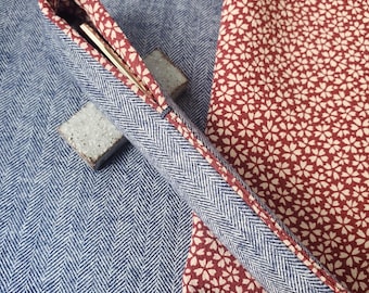 Wool Herringbone Pen Sleeve: Red and white Sakura Pattern Silk Lining