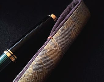 Handmade Silk Pen Sleeve: Olive Grey and Gold Peony Arabesque, Silk Lining
