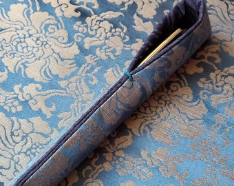 Made to Order, Peony pattern on Blue Silk Donsu, Aubergine Silk Lining, Handmade, Pen Sleeve, Pen Pouch, Fountain case