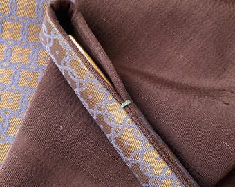 Handmade, Silk Pen Sleeve, Grayish Blue pattern on Metallic Brown, Pale Purple Brown Lining