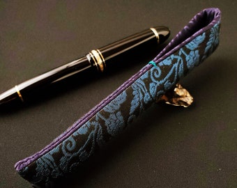 Made to Order, Onaga Bird Pattern Silk Kinran, Aubergine Silk Lining, Handmade Pen Sleeve, Pen Pouch