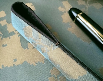 Handmade Silk Pen Sleeve: Khaki Kiri Leaves Pattern on Saxe Blue, Black Silk Lining