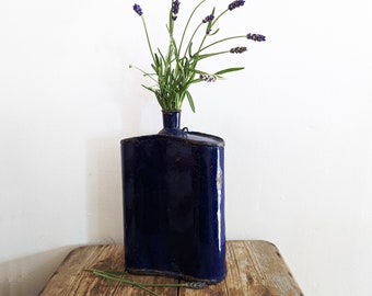 Cobalt Blue Enamel Bottle, Vintage Indian Army Water Bottle, Dark Indigo Blue Water Bottle, Madras Enamel 1978,Unusual Flower Arranging Vase