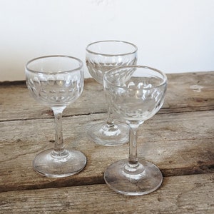 Edwardian Pony Glasses Handblown Antique Liqueur Stemware Set Three Tasting Dessert Cordial Barware English Gift