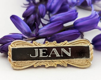 Jean Name Brooch, Brooch Vintage, Cute Name Badge, Eclectic Brooch With A Name On, Black & Gold, Rectangular Shop Name Badge, C Clasp Pin