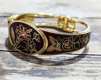 Red Cloissone Bracelet, Past Times Vintage Costume Jewelry, Burgundy and Gold, Flowers & Butterflies,Spring Clasp Cuff Bracelet, 90s Jewelry