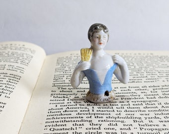 Ceramic Half Doll Figurine, Blue and White Flapper Girl with Yellow Fan, Tiny Pincushion Dolls, 1910s German Half Doll Top, Dressel & Kister