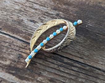 Faux Turquoise and Pearl Vintage Brooch, Attributed to Kigu Jewellery, Large Gold and Blue Brooch, Elaborate Present Topper, Art Nouveau Pin