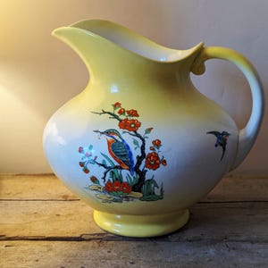 Large Victorian Kingfisher Jug, Ceramic Water Jug, Cherry Blossom Decor, Rustic Home Decor, Floral Arrangement Vase, Antique Ceramic Pitcher