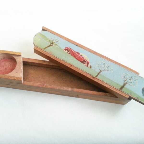 Handpainted Wooden Pencil Box, 1950s Retro Sliding Pencil Case, Hand Decorated Storage Box, Sunday Drive Car Countryside Painting Picture