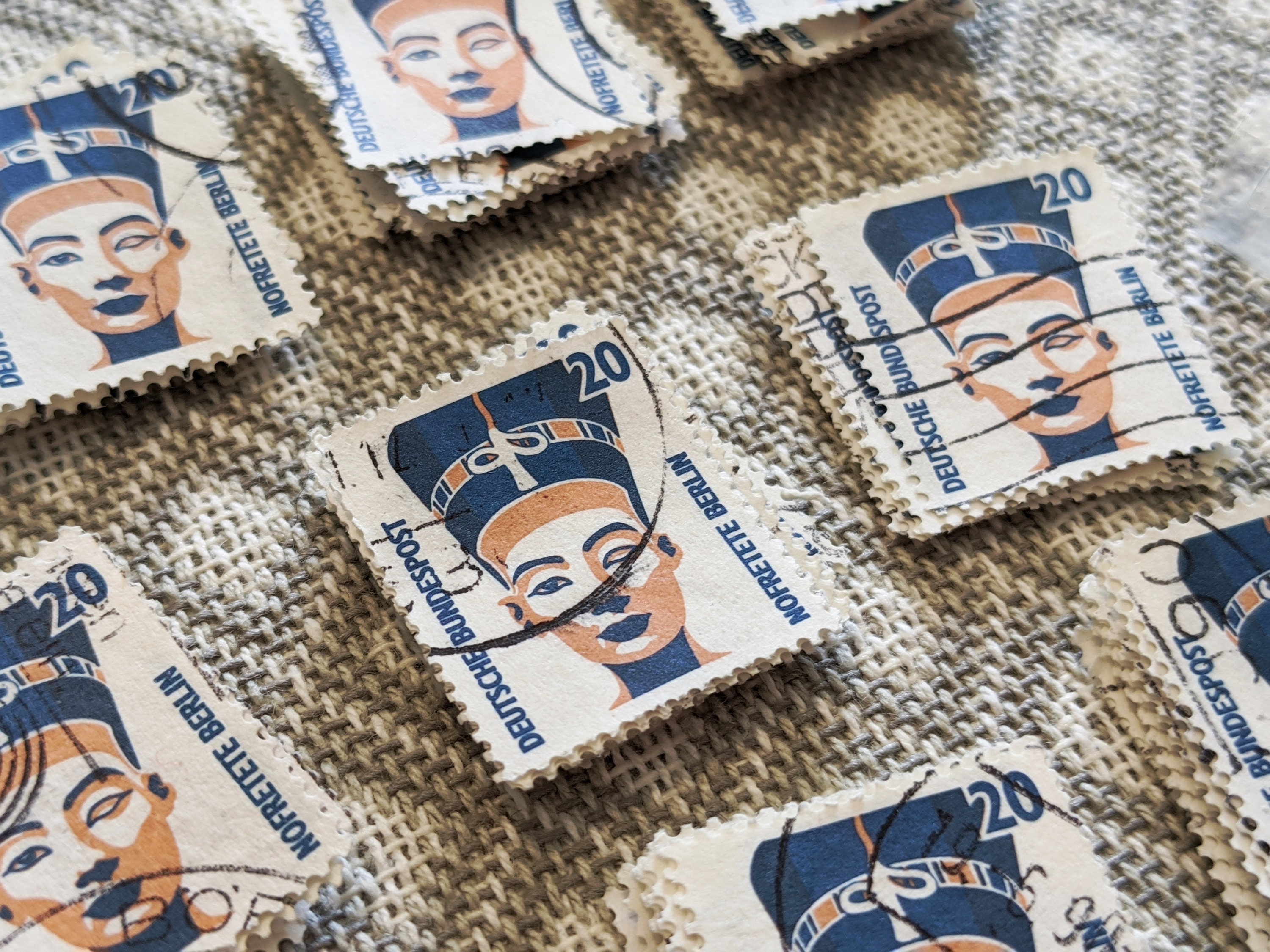 Image of 100 Nefertiti Stamps, Egyptian Queen, Vintage West German Stamps, Unusual Dollshouse Wallpaper, Miniature Posters, Collectable Postage Stamps