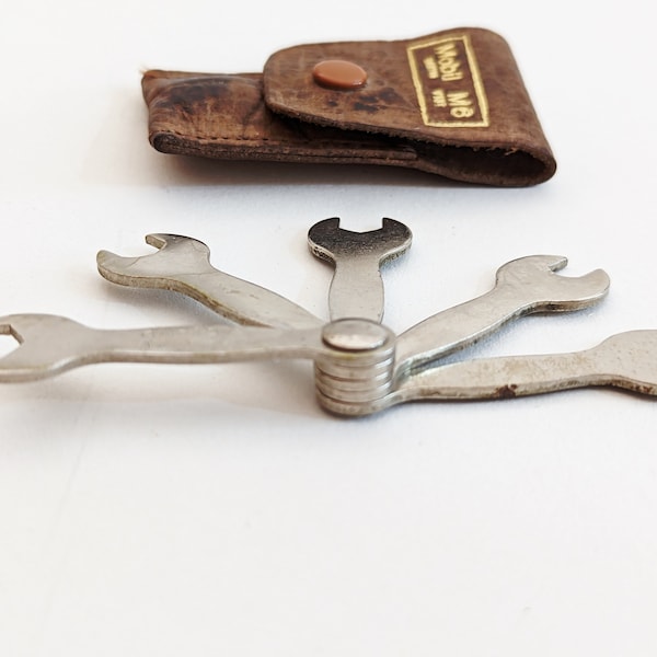 Multi Tool Spanner Set, Pocket Magneto & Tappet Spanners, Mobil Spanners, Rare Mini Vintage Spanners in Leather Pouch, Handy Pocket Wrenches