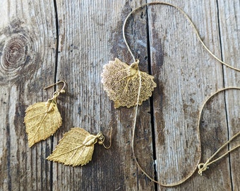 Skeleton Leaf Necklace and Earrings, Gold Costume Jewelry, Glamorous Statement Necklace & Drop Earrings Set, 1980s Golden Jewellery, Leaves