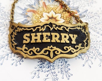 Brass Sherry Decanter Label, Vintage British Decanter Label, Decorative Black & Gold Decanter Tag, Merry England, Swashbuckling Pirate Decor