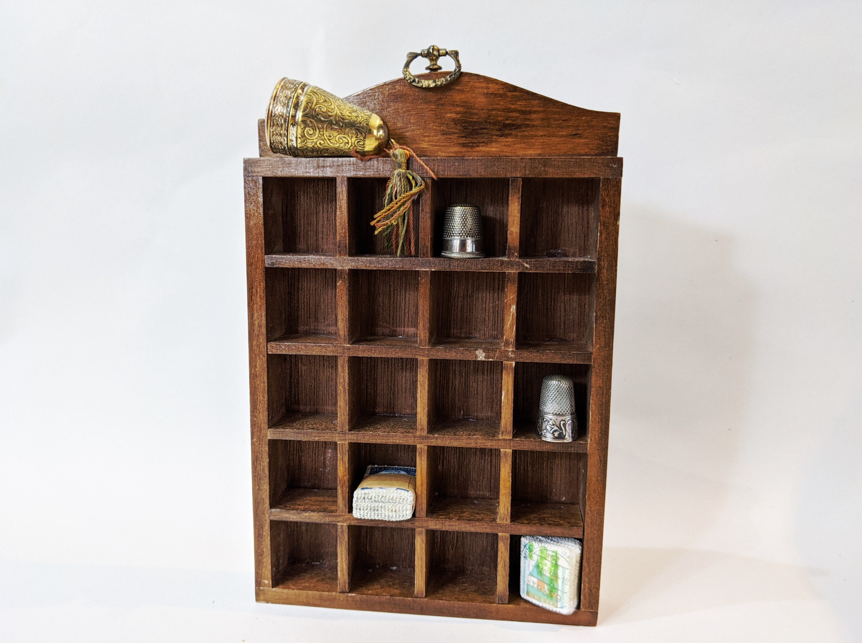 Vintage Dark Wood Thimble Display Case Hanging Wood shelf Trinkets Holder
