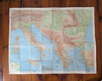 Cloth Map of Italy and the Balkans, Bartholomew's World Layered Series, The Edinburgh Geographical Institute 1953, Wall Map for Mounting