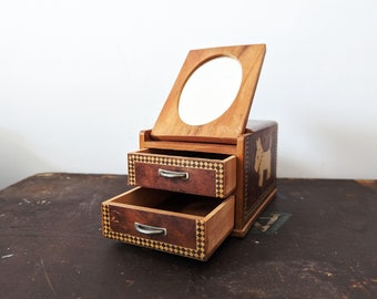 Wooden Trinket Box with Drawers and Hidden Mirror, Miniature Chest of Drawers, Vintage Mini Jewellery Box, 2 Drawers, Flip Top Mirror,Kitsch