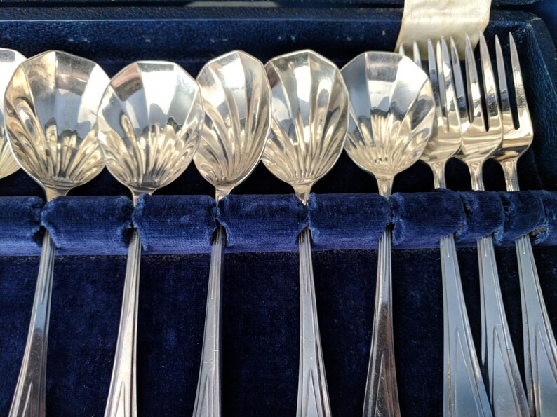 13 Pieces Large Serving Spoon Box Set of Art Deco Dessert Forks and Spoons JL LTD EPNS Blue Velvet White Satin Cake Gift James Lodge Ltd