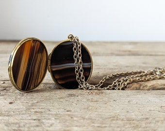 Large Victorian Locket, Banded Agate Pendant and Chain, Vintage Striped Stone Locket, Long Chain Oval Locket, Haunting & Mysterious Locket