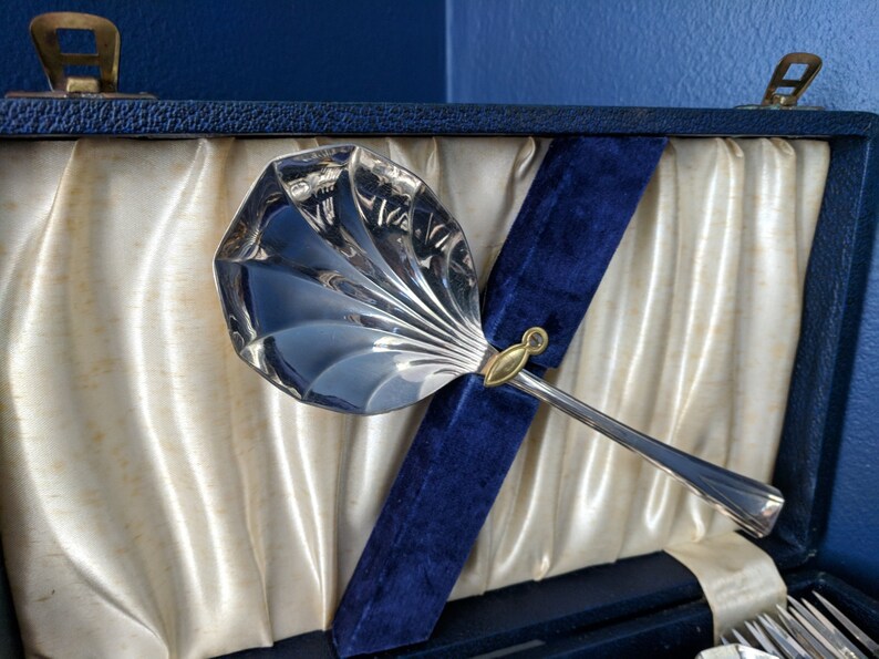 13 Pieces Large Serving Spoon Box Set of Art Deco Dessert Forks and Spoons JL LTD EPNS Blue Velvet White Satin Cake Gift James Lodge Ltd