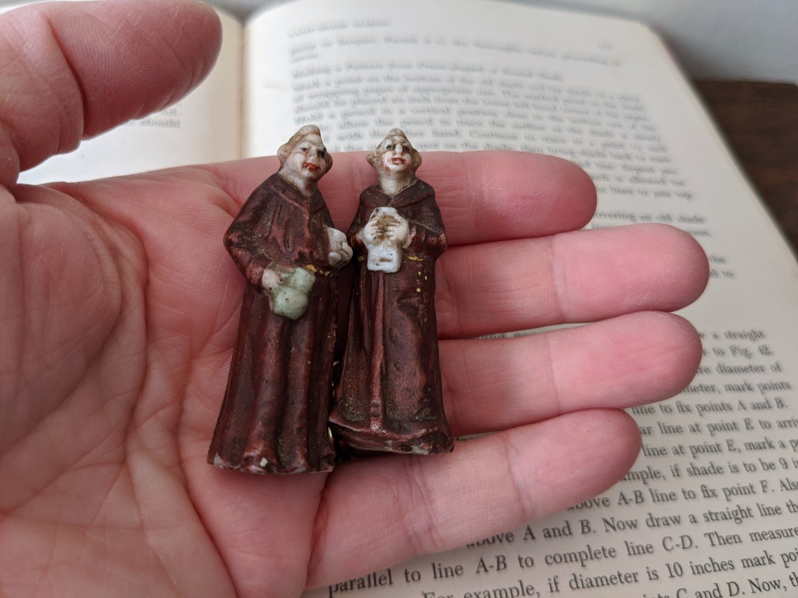 Vintage Mini Monks Antique Ceramic Figurines Bookshelf Etsy
