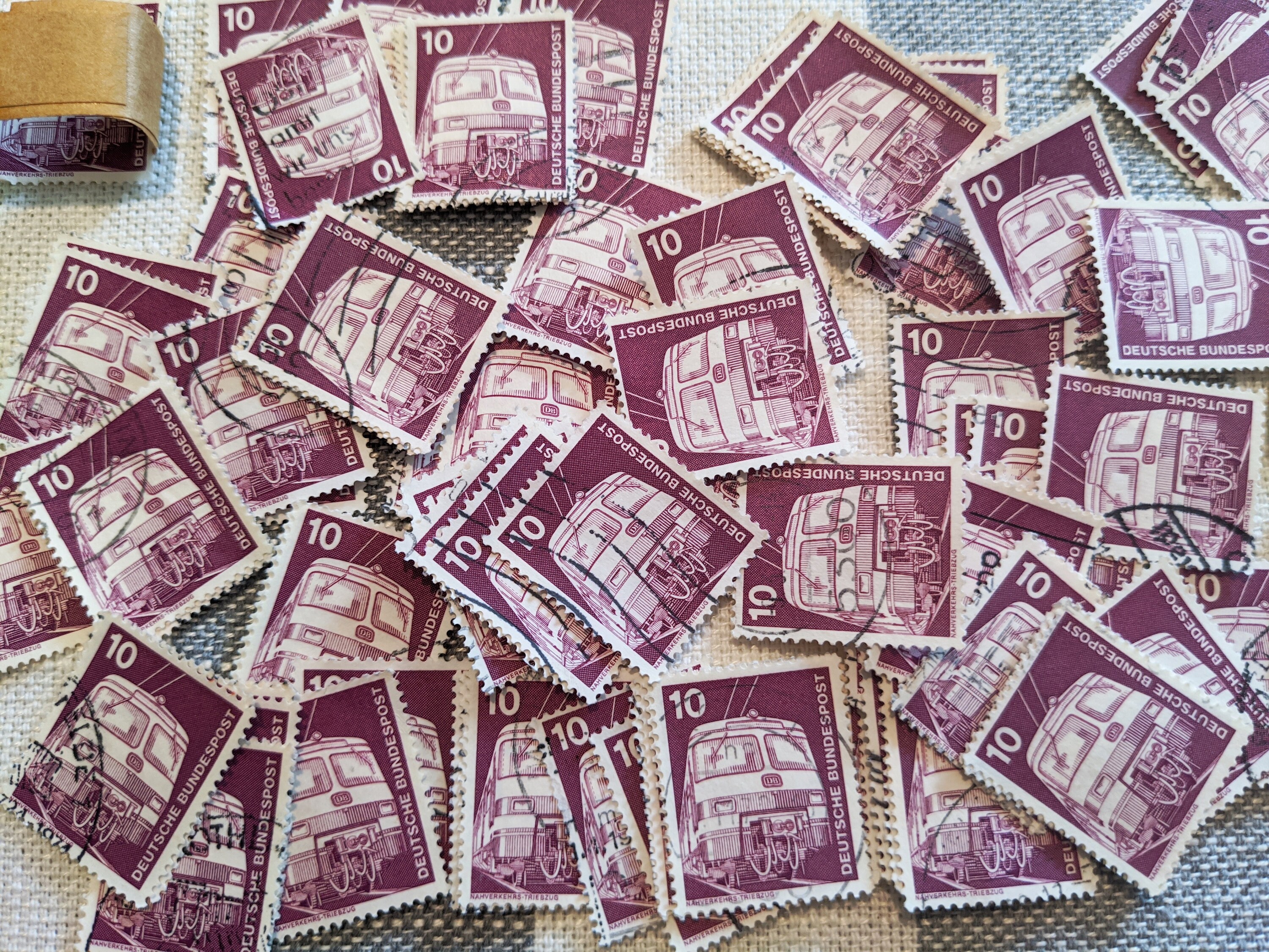 Image of 102 Train Stamps, Dark Pink Vintage East German Commuter Train, Nahverkehrs Triebzug Deutsche Bundespost 10, Mini Paper Trains