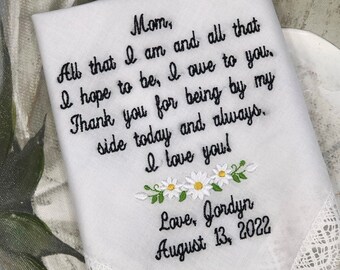 Custom Embroidered Wedding Handkerchief, Mother of the Bride Gift