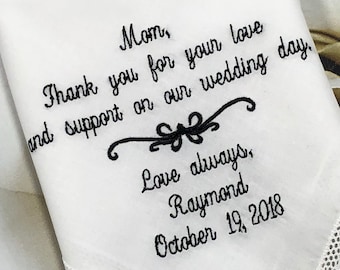 Wedding Handkerchief from the bride,  Mother Of The Groom, Mother of the Bride, Custom bridal wedding gift, embroidered wedding hankies mom