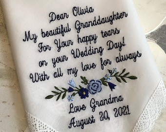 Bridal Handkerchief from Mother to Daughter, Something Blue, Wedding Handkerchief For Bride from Grandmother, Personalized handkerchief Gift