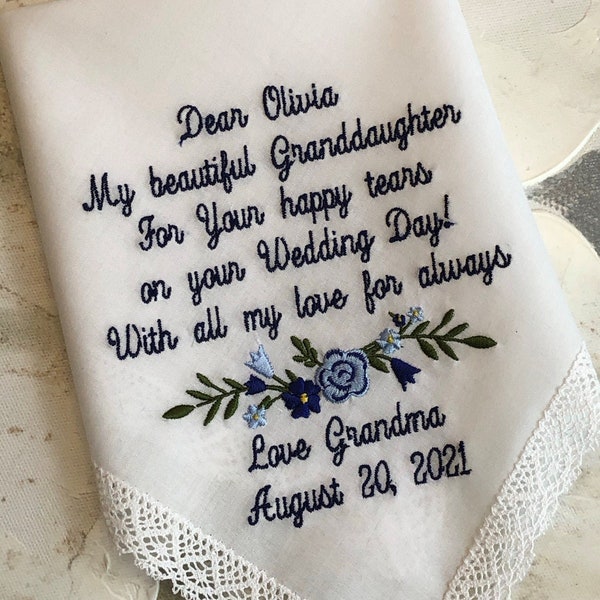 Bridal Handkerchief from Mother to Daughter, Something Blue, Wedding Handkerchief For Bride from Grandmother, Personalized handkerchief Gift