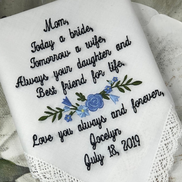 Embroidered Handkerchief for Bride's Mom or Dad: Personalized Wedding Gift with New Flower Design
