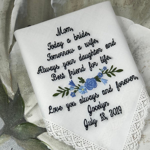 Weddings Wedding Gift For Mom, Custom Wedding Handkerchief, Mother of the Bride Gift, Embroidered Hankies for Mother of the Bride Mom 8-25H