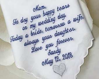 Embroidered Wedding Handkerchief, Mother of the Bride Gift, Personalized Bridal Hanky, Navy Heart