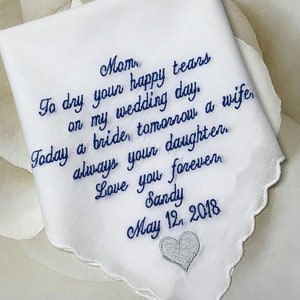 Embroidered Wedding Handkerchief-Mother Of The Bride Handkerchief-Personalized Mom Wedding Gift-Bridal handkerchief- Mom handkerchief-CUSTOM