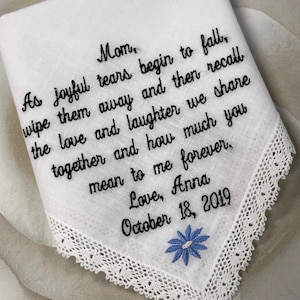 Embroidered Wedding Handkerchief Mother Of The Bride Gifts Mom handkerchief Custom Wedding Gift -Personalized Hankerchief Wedding Hankies