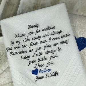 Embroidered Personalized Wedding Handkerchief Father Of The Bride Daughter Dad Gift Custom Embroidered Hankies Wedding Gift Ideas image 3