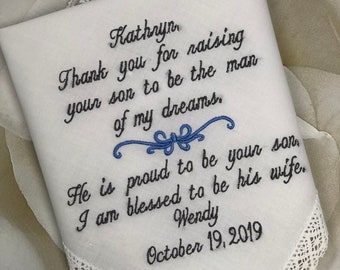 Pañuelo de boda para la madre del novio, regalo nupcial personalizado boda Hankies bodas padres regalos bordados personalizar hankerchief