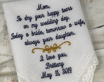 Handkerchief Wedding Gift -Mother of the Bride Handkerchief -Embroidered Wedding Handkerchief Bridal Wedding Gift For Mom on Wedding Day