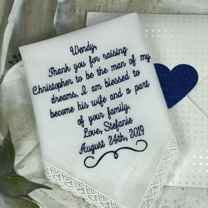 Wedding Gifts Mother of the Groom Embroidered Wedding Handkerchief, Mother of the Bride Gift, Made to Order Wedding Gifts from Bride, Custom
