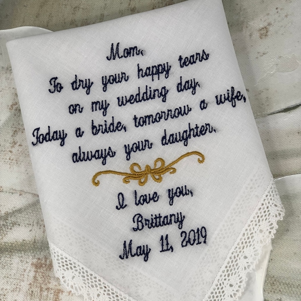 Handkerchief Wedding Gift -Mother of the Bride Handkerchief -Embroidered Wedding Handkerchief Bridal Wedding Gift For Mom on Wedding Day