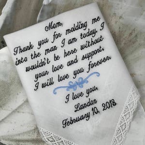 Personalized Wedding Handkerchief for Mother of the Bride, Choose the verse shown or choose your own with a 40 word limit please. Blue Theme