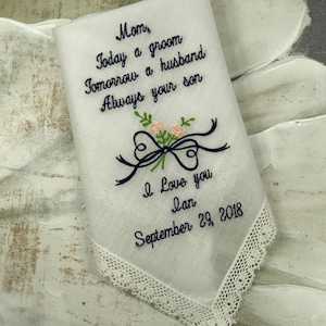 Wedding Handkerchief for Mother of the Groom, Gift from Groom to his Mom. Custom Embroidered Wedding hankies from Bride or Groom Wedding Day
